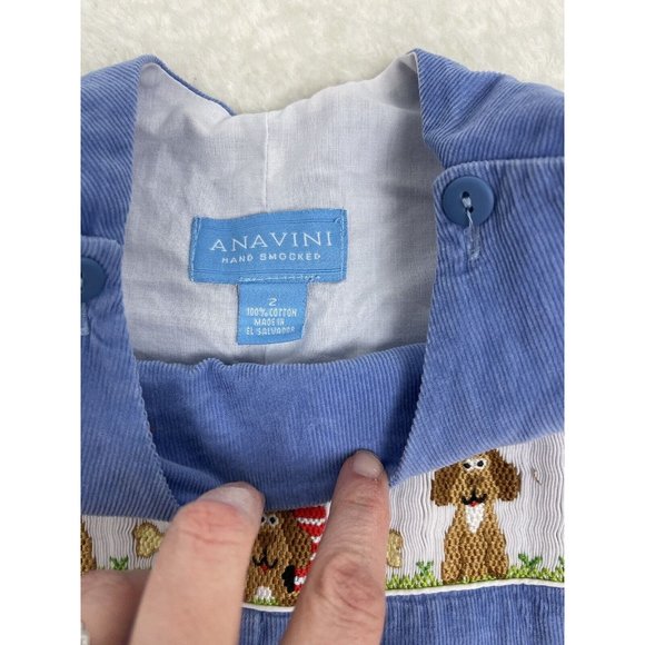 Anavini Hand Smocked Jon Jon Embroidered Tan Dogs Romper Size 2 Corduroy Longall - Picture 2 of 7